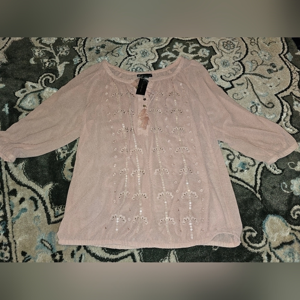 LANE BRYANT Pink Beaded long sleeve Sheer Polyester Blouse 14/16 NEW.